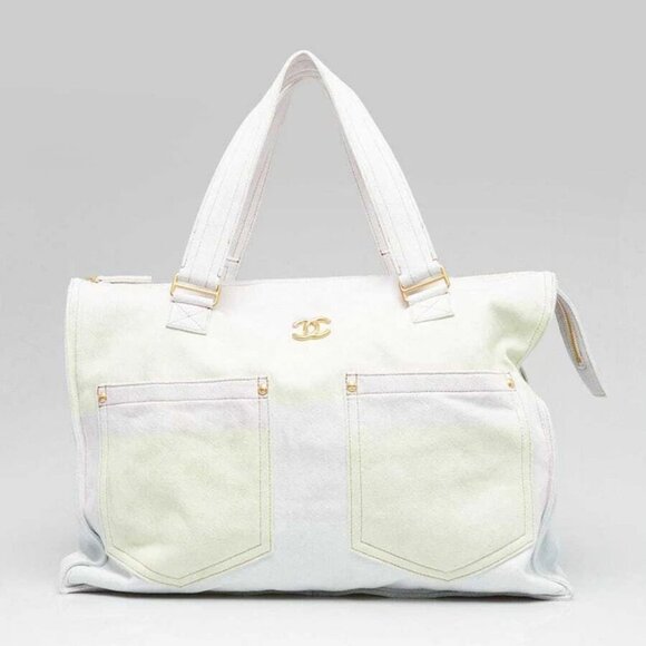 Chanel Light Pink/Yellow/Blue Printed Denim Large Shopping Tote Bag - Picture 1 of 12